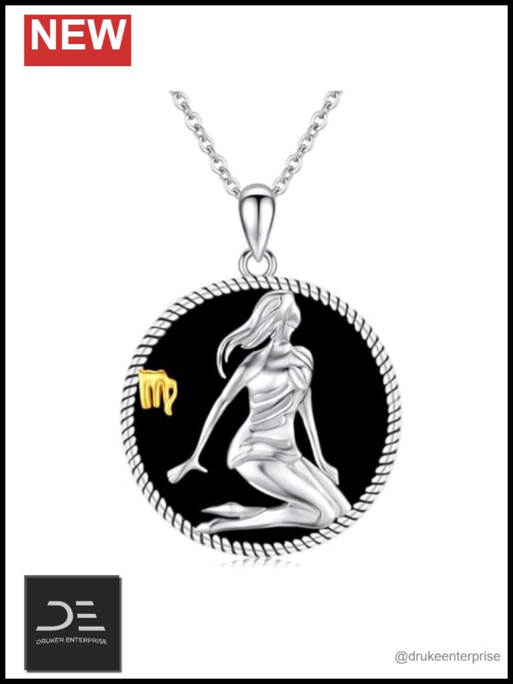 Zodiac Constellation Coin Pendant Necklace 925 Sterling Silver Onyx Astrology